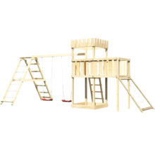 Spielplatz mit Schaukel, Kletterwand und Turm aus Holz