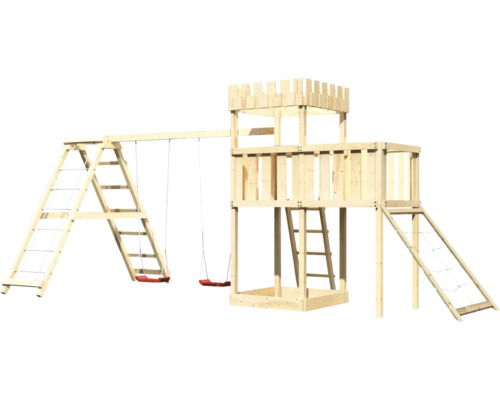 Spielplatz mit Schaukel, Kletterwand und Turm aus Holz