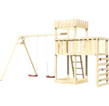 Spielturm aus Holz mit Schaukel und Kletterwand