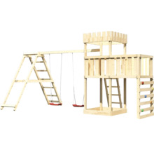 Spieltower mit Schaukel und Kletterwand aus Holz