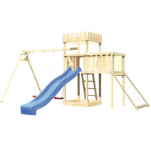 Tour de jeux avec toboggan, balançoire et mur d''escalade en bois