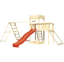 Spielturm aus Holz mit Rutsche, Schaukel und Kletterwand für den Garten