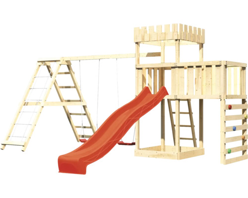 Spielturm mit Rutsche, Schaukel und Kletterwand aus Holz
