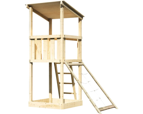 Tour de jeu en bois avec toit, échelle et filet d''escalade