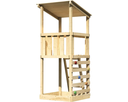Tour de jeu en bois avec mur d''escalade et toit