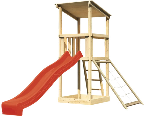 Tour de jeu en bois avec toboggan et mur d''escalade