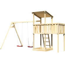 Spielturm aus Holz mit Schaukel