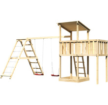 Holzspillturm mat Schaukel, Kletterwand a Sandkëscht fir de Gaart