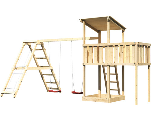 Holzspillturm mat Schaukel, Kletterwand a Sandkëscht fir de Gaart