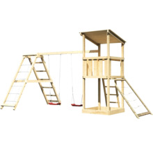 Spielturm mit Schaukel und Kletterwand aus Holz