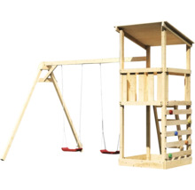 Spieltorturm mit Schaukel und Kletterwand aus Holz