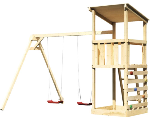 Spieltorturm mit Schaukel und Kletterwand aus Holz