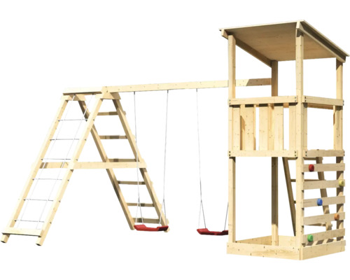 Holzspielturm mit Schaukel, Kletterwand und Leiter