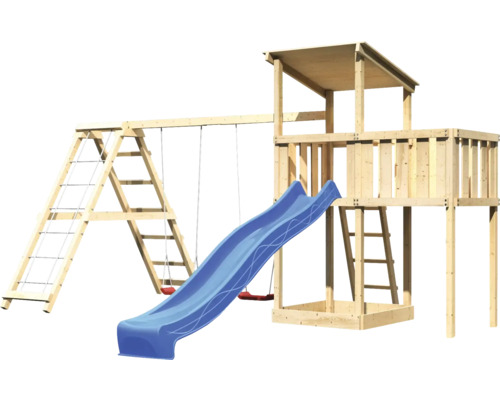 Tour de jeu avec toboggan, balançoire et mur d''escalade en bois