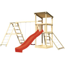 Spielturm aus Holz mit Rutsche und Schaukel