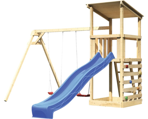 Holzspillturm mat Schaukel, Rutsch a Kletterwand fir dobaussen