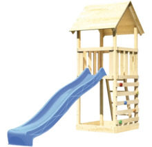 Holzspielturm mit blauer Rutsche für den Garten