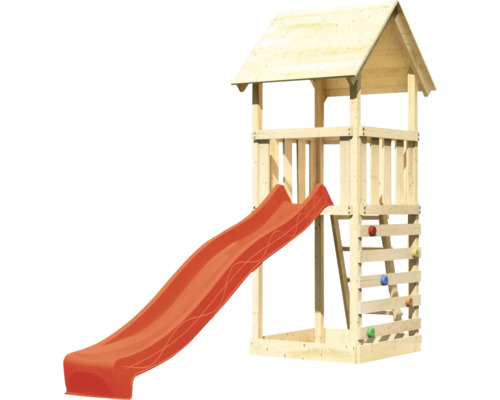 Tour de jeu en bois avec toboggan rouge et mur d''escalade