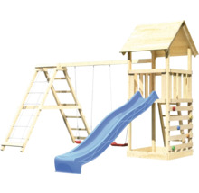 Tour de jeux en bois avec balançoire, toboggan et mur d''escalade