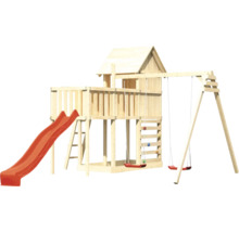 Spielturm mit Rutsche, Kletterwand und zwei Schaukeln aus Holz