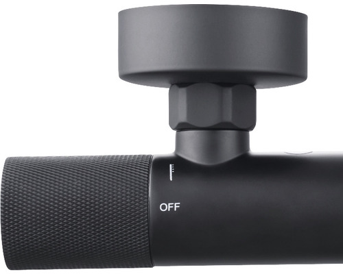 Detailaufnahme eines thermostatischen Duscharmaturreglers mit Temperaturanzeige und Aus-Position.