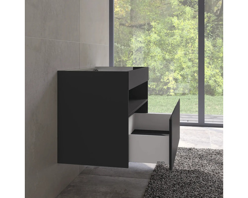 Schwarzer Waschtisch mit Schublade im Badezimmer