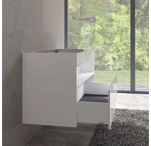 Weißer Waschtischunterschrank mit Schublade im Badezimmer.