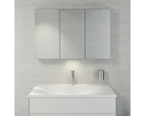 Salle de bains avec armoire de toilette, lavabo et robinet