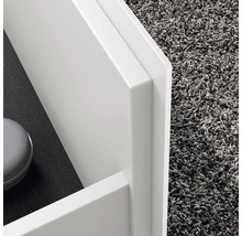 Detailaufnahme eines weißen Badezimmerschranks mit Teppich