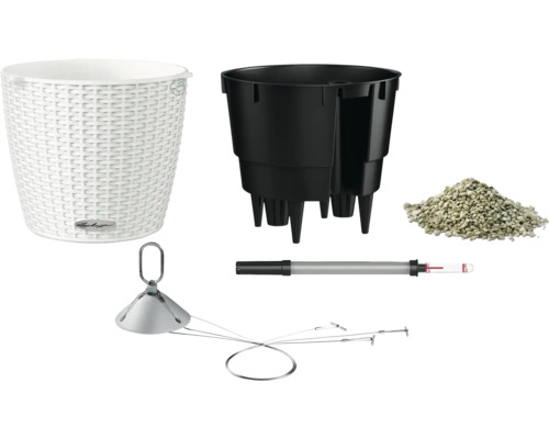 Verschiedene Gartenartikel: Pflanzgefäß, Pflanzeinsatz, Blähton, Dünger und Bewässerungssystem