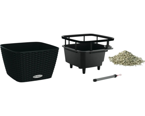 Schwarzer Pflanzkasten mit Bewässerungssystem, Substrat und Wasserstandsanzeiger