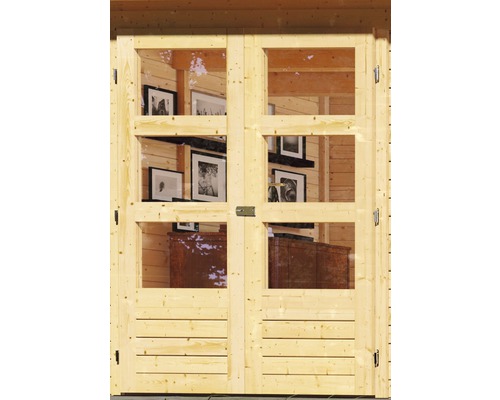 Porte double en bois avec inserts en verre pour abri de jardin