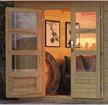Gartenhaus Karibu Tossens 5 inkl. Anbaudach 3,3 m, Rückwand 706 x 333 cm natur