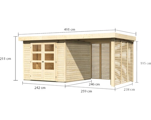 Abri de jardin en bois avec annexe et indications de dimensions
