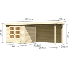 Gartenhaus Karibu Kodiak 3,5 inkl. Anbaudach 2,8 m, Rückwand 528,5 x 238 cm natur