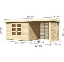 Gartenhaus Karibu Kodiak 5 inkl. Anbaudach 2,4 m, Feuerholzoption 554 x 262 cm natur