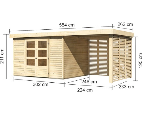 Dimensions d''un abri de jardin en bois avec porte double et terrasse couverte.