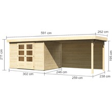 Gartenhaus Karibu Kodiak 5 inkl. Anbaudach 2,8 m, Rückwand 591,5 x 262 cm natur