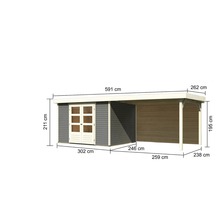 Gartenhaus Karibu Kodiak 5 inkl. Anbaudach 2,8 m, Rückwand 591,5 x 262 cm terragrau