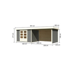 Gartenhaus Karibu Kodiak 5 inkl. Anbaudach 2,8 m, Rück- und Seitenwand 591,5 x 262 cm terragrau
