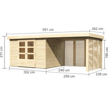 Gartenhaus Karibu Kodiak 5 inkl. Anbaudach 2,8 m, Feuerholzoption 591,5 x 262 cm natur