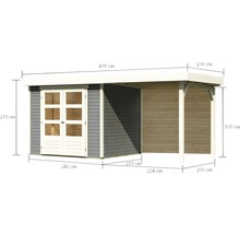Abri de jardin en bois avec annexe et indications de dimensions