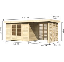 Gartenhaus Karibu Kodiak 4 inkl. Anbaudach 2,4 m, Feuerholzoption 554 x 238 cm natur