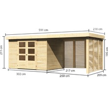 Gartenhaus Karibu Kodiak 4 inkl. Anbaudach 2,8 m, Feuerholzoption 591,5 x 238 cm natur