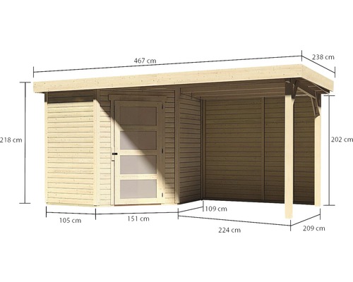 Abmessungen eines Holzgartenhauses mit Anbau