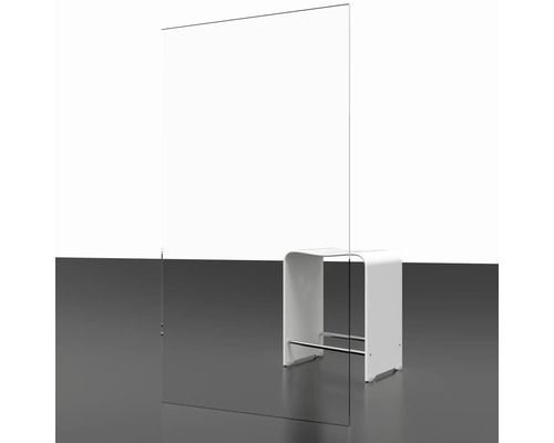 Schutzwand aus Glas mit weißem Hocker