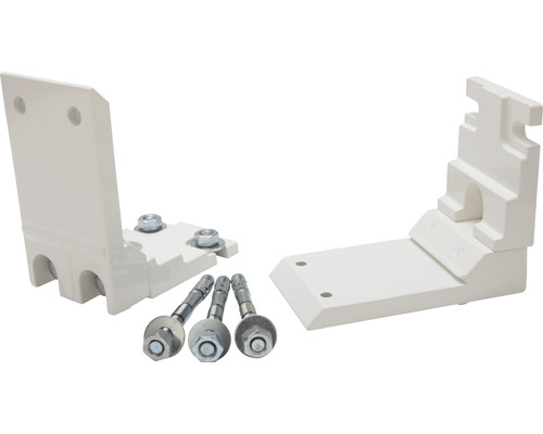Zwei weiße Halterungen und Befestigungsmaterial für die Installation