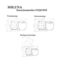 Technische Zeichnung der Soluna Kassettenmarkise Exquisit mit Maßen für Wand-, Decken- und Dachsparrenmontage
