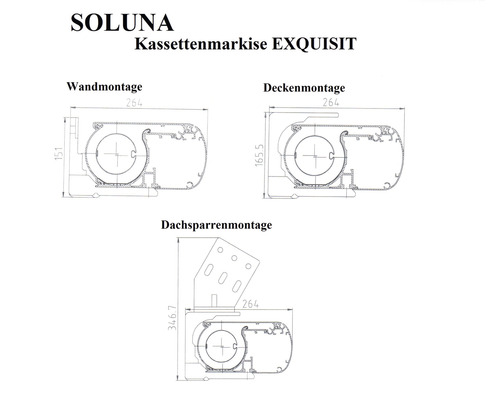 Technische Zeichnung der Soluna Kassettenmarkise Exquisit mit Maßen für Wand-, Decken- und Dachsparrenmontage