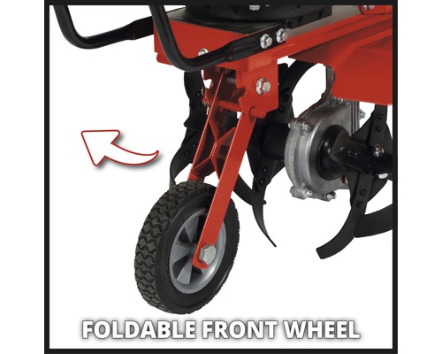 Detailansicht einer Motorhacke mit klappbarem Vorderrad